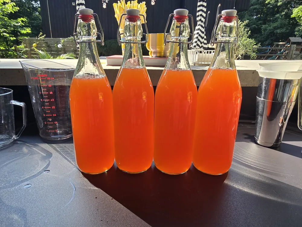 Four swing-top bottles of pre-batched cocktails ready for a fifty-guest private event