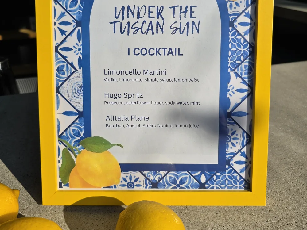 Custom cocktail menu card designed for a private party — Limoncello Martini, Hugo Spritz, and an Alitalia Plane